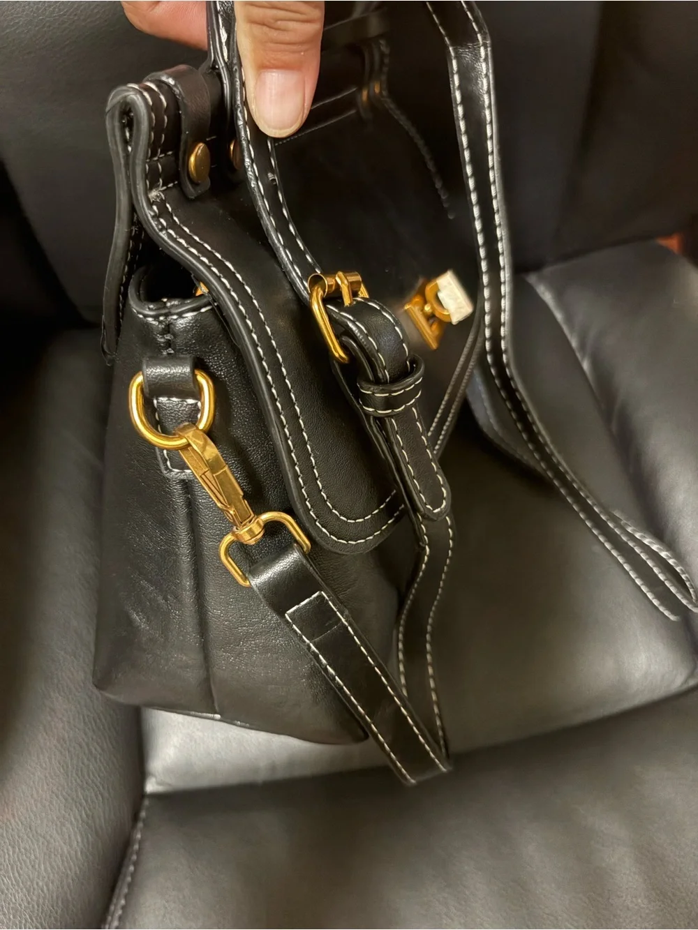 Women’s Black Leather Satchel with Gold Hardware